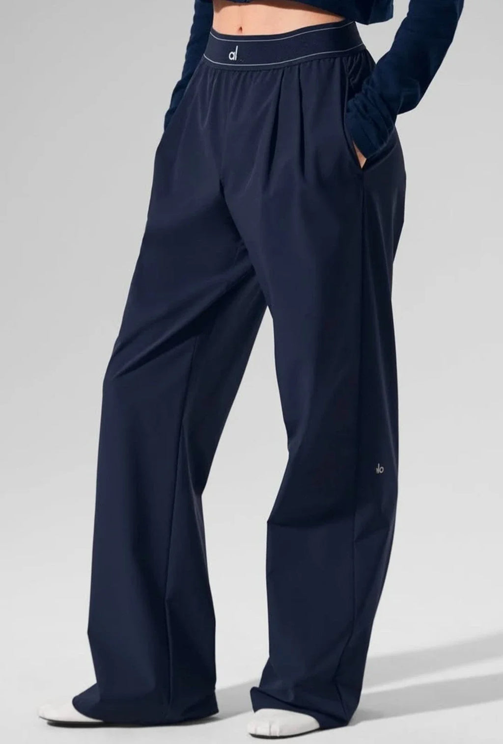 Elastic Waist Solid Fitness Joggers Trousers Women Yoga Sports Wide Leg Pants Women Thin Casual Loose Navy Blue Baggy Sweatpants