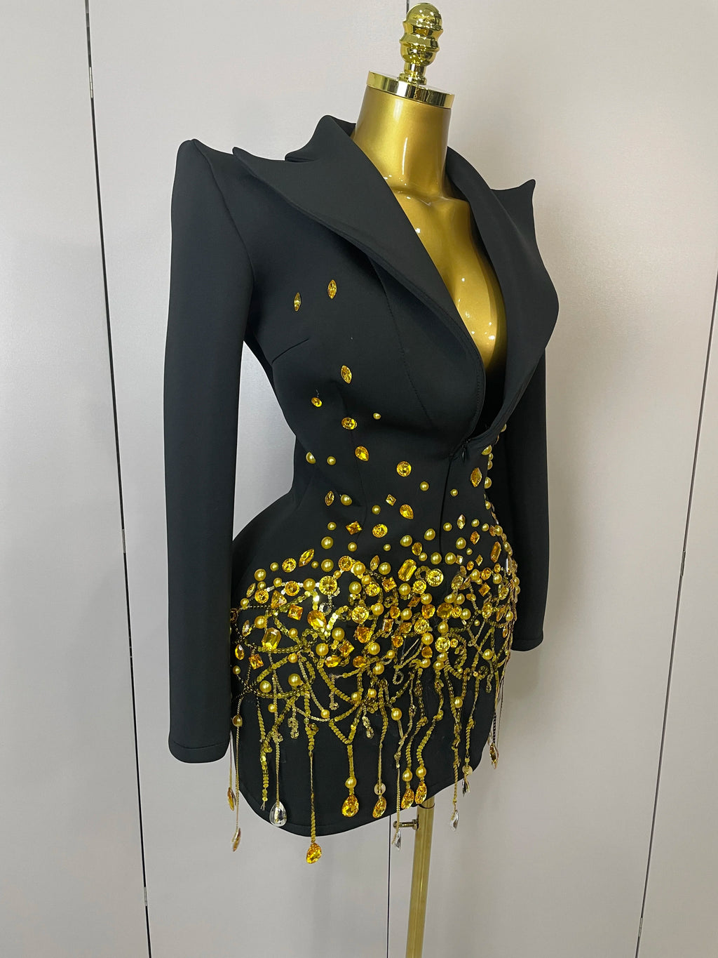 Sparkly Crystal Chains Pearls Long Sleeve Mini Dress 2025 Women Birthday Evening Party Nightclub Outfit Singer Wedding Costume