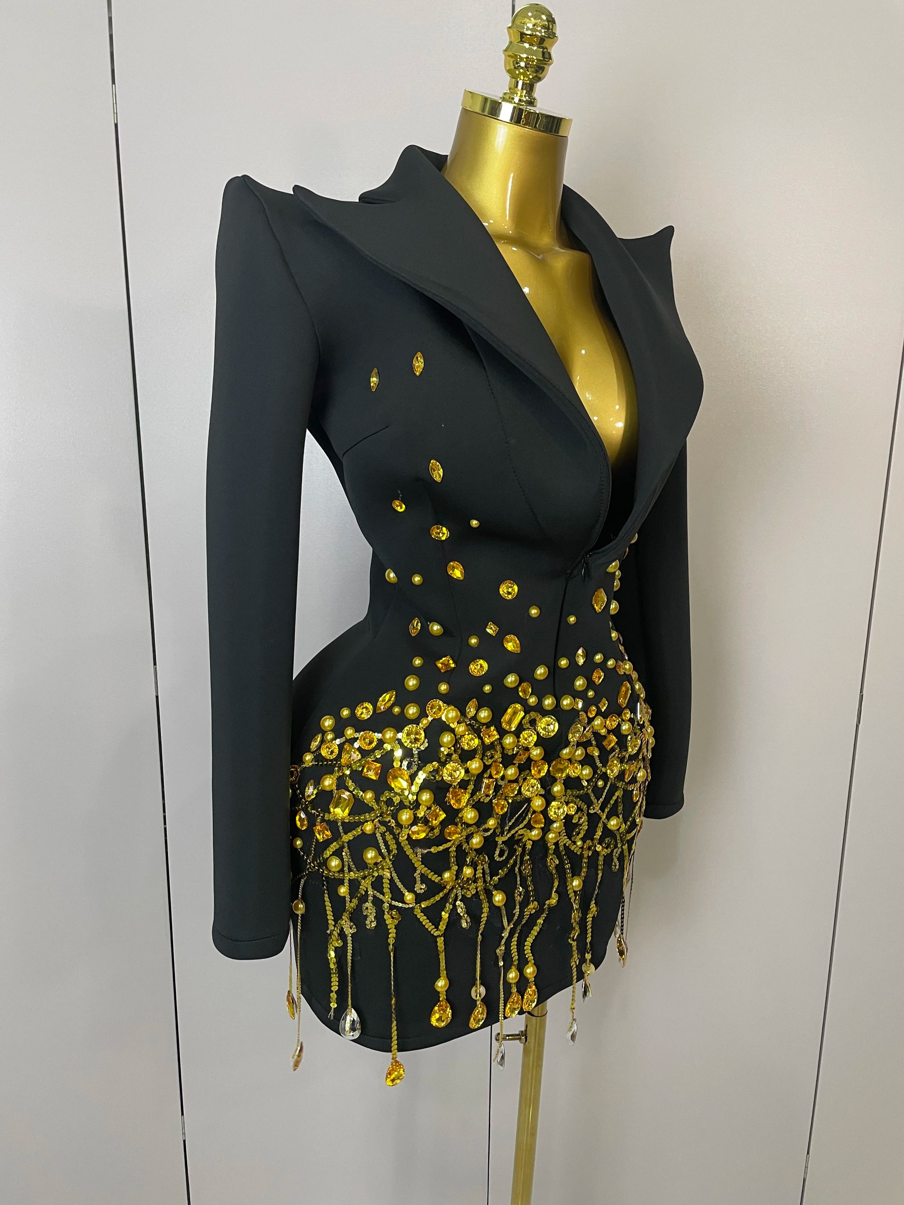 Sparkly Crystal Chains Pearls Long Sleeve Mini Dress 2025 Women Birthday Evening Party Nightclub Outfit Singer Wedding Costume