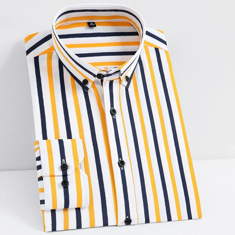 Men Spring Summer Comfortable Vertical Striped Strech Mens Dress Shirts Long Sleeve Soft Business Work Shirt  No Pocket Male