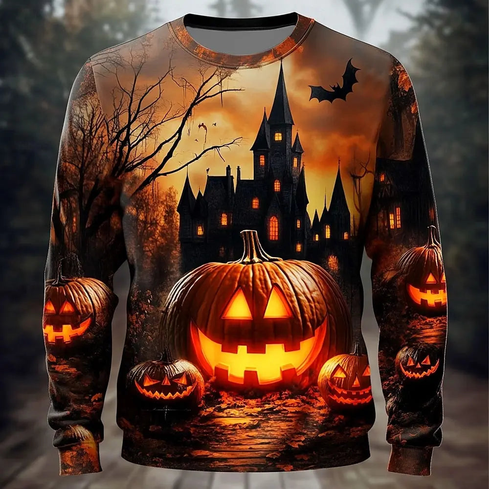 Halloween Theme Pumpkin Cemetery Men's Casual Hoodie Sweatshirt Fall Winter Crew Neck Pullover Long Sleeve Trendy y2k Streetwear