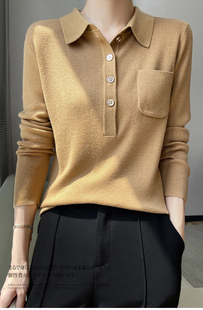 Women 100% Pure Merino Wool Soft Sweater Polo Collar Pullover Autumn Winter Casual Knit Tops Solid Color Regular Female Knitwear