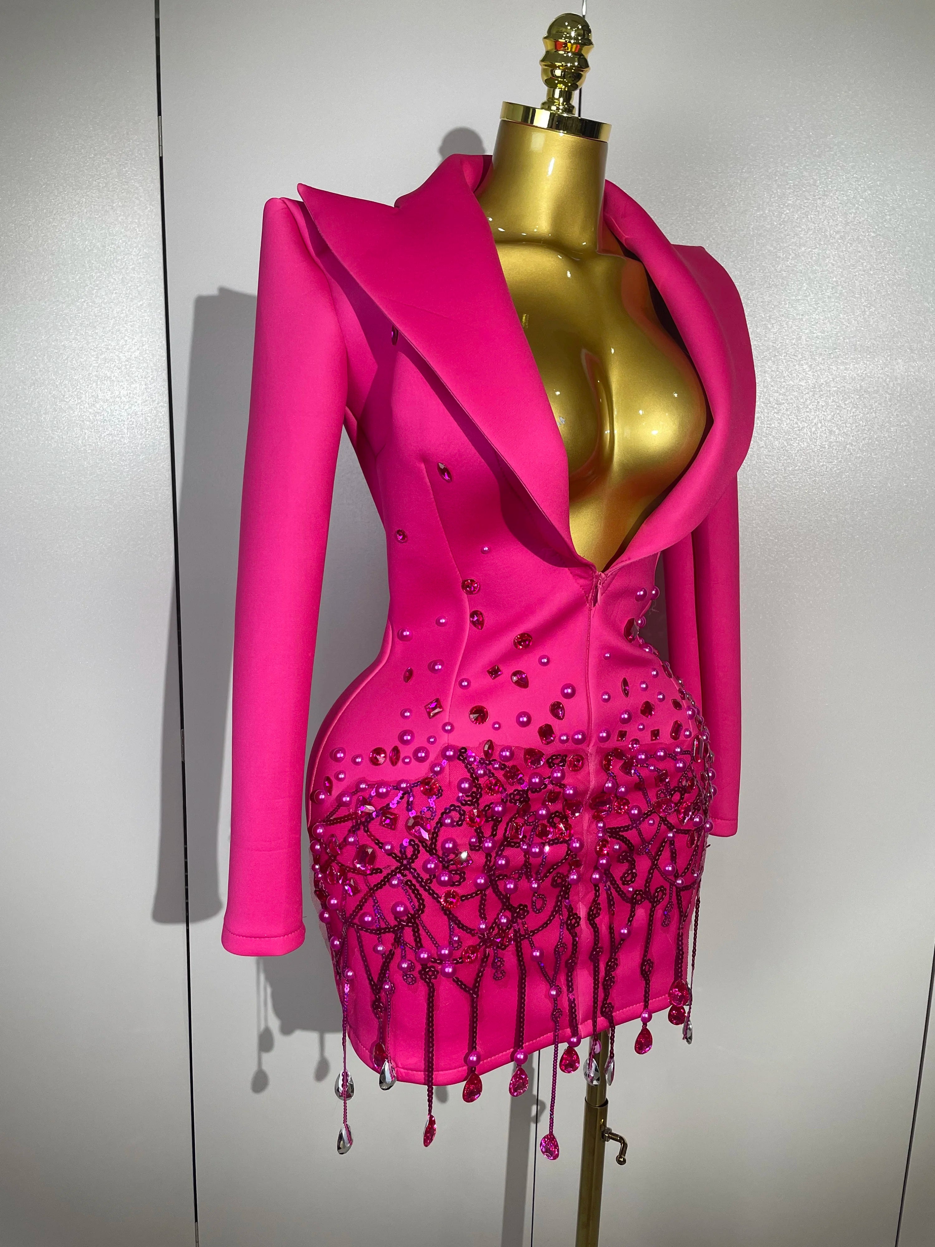 Sparkly Crystal Chains Pearls Long Sleeve Mini Dress 2025 Women Birthday Evening Party Nightclub Outfit Singer Wedding Costume