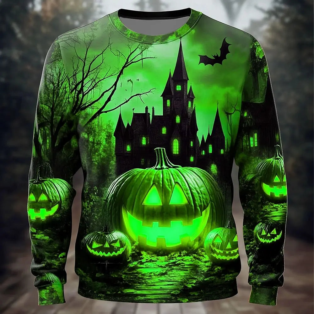 Halloween Theme Pumpkin Cemetery Men's Casual Hoodie Sweatshirt Fall Winter Crew Neck Pullover Long Sleeve Trendy y2k Streetwear