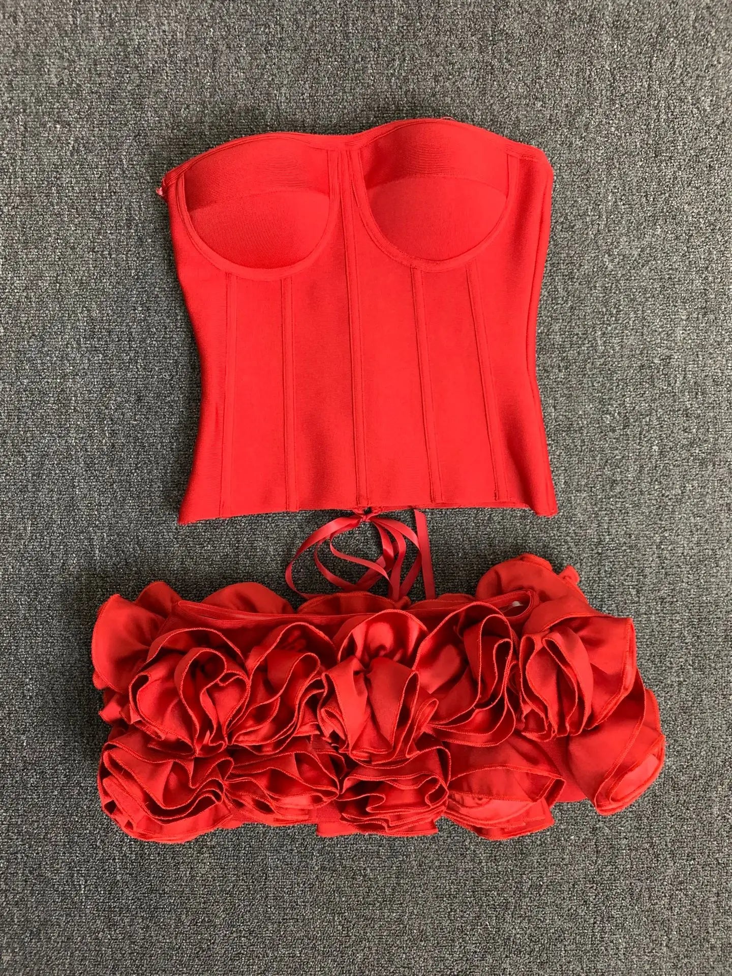 Women Red Bodycon Mini Bandage Outfits Club Party Strapless Laced Up Back Tops And Mini Short Skirts Two Piece Sets Nightwears