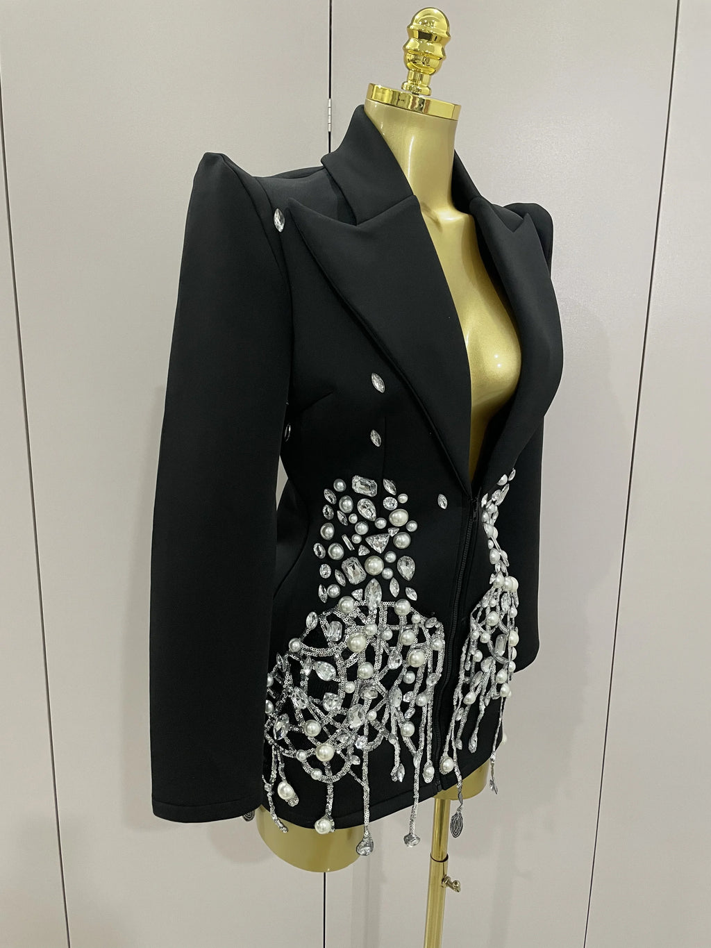 Sparkly Crystal Chains Pearls Long Sleeve Mini Dress 2025 Women Birthday Evening Party Nightclub Outfit Singer Wedding Costume