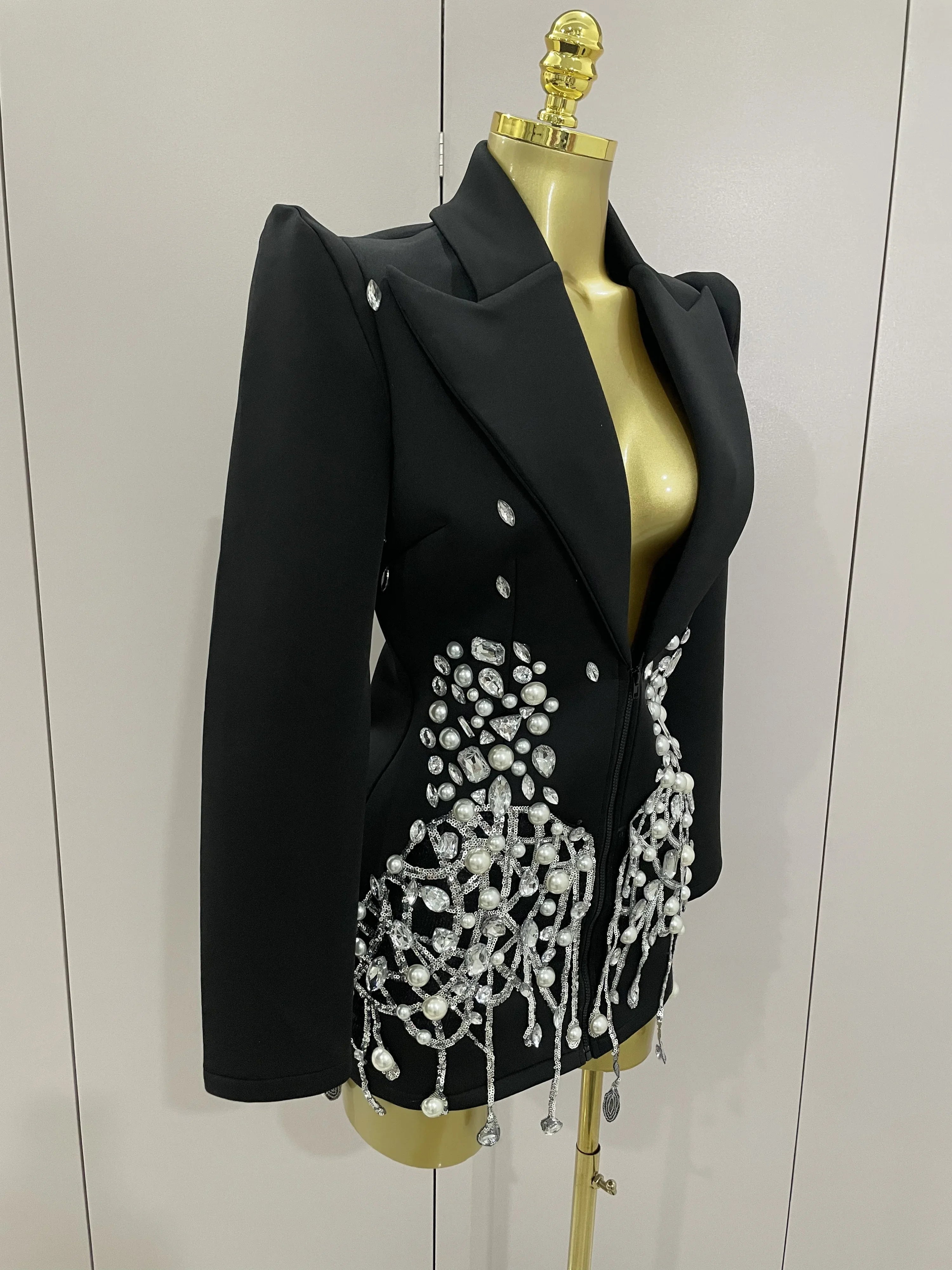 Sparkly Crystal Chains Pearls Long Sleeve Mini Dress 2025 Women Birthday Evening Party Nightclub Outfit Singer Wedding Costume