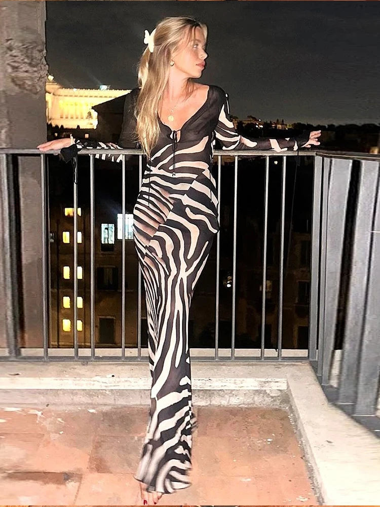 Cutenew Patchwork Print Women Dresses Elegant Vintage Low V-Neck Full Sleeve Straight Maxi Bodycon Female High Street Party Robe