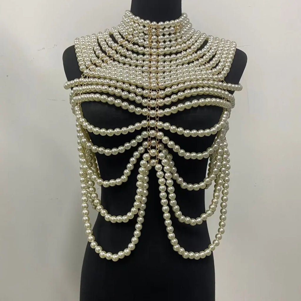 Sexy Women's Pearl Body Chains Bra Shawl Fashion Adjustable Size Shoulder Necklaces Tops Chain Wedding Dress Pearls Body Jewelry