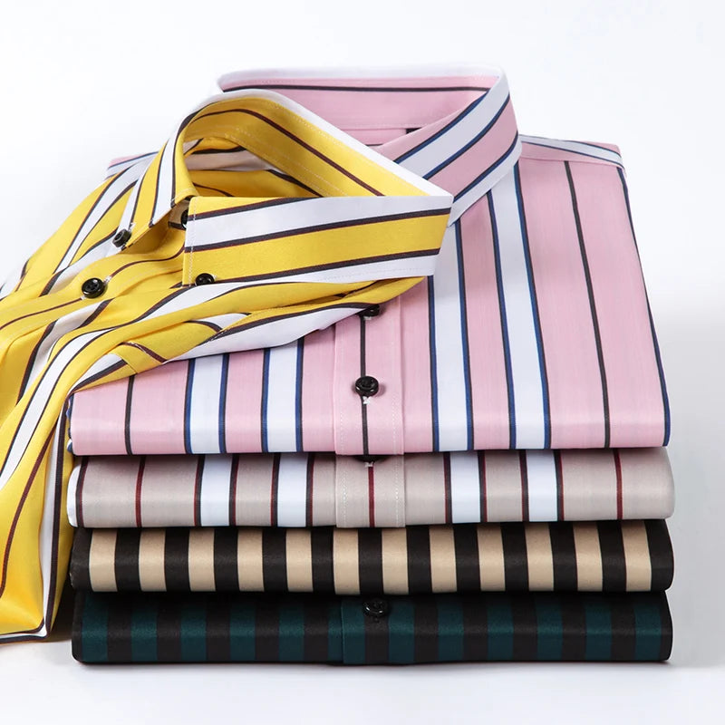 Men Spring Summer Comfortable Vertical Striped Strech Mens Dress Shirts Long Sleeve Soft Business Work Shirt  No Pocket Male
