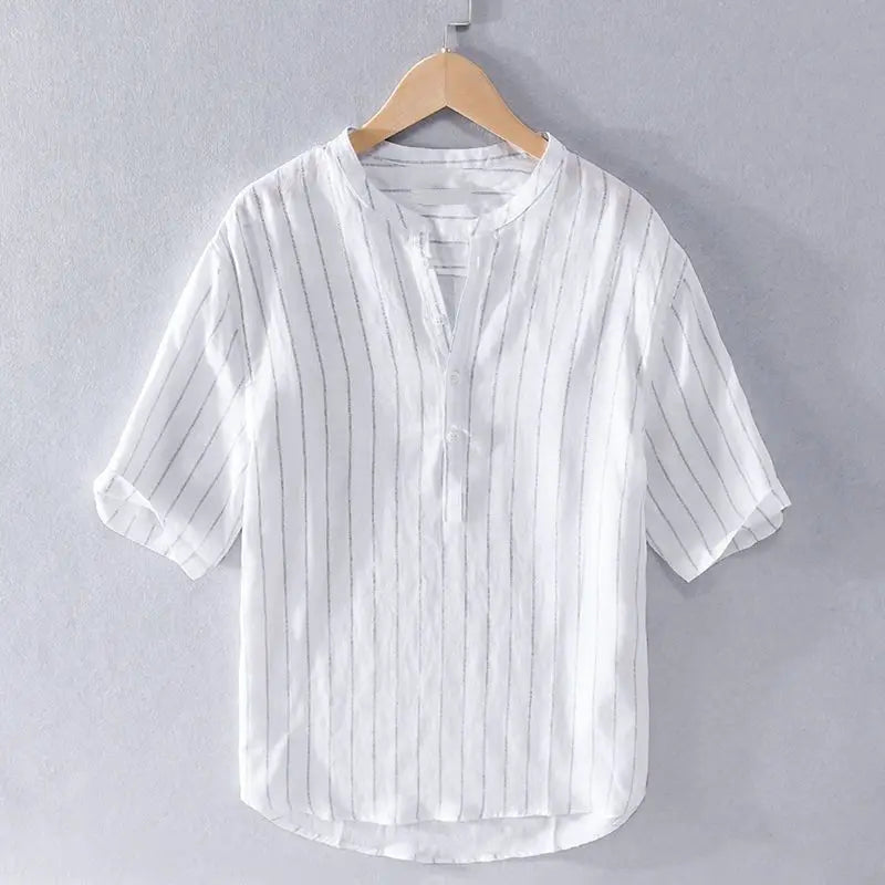 Fashionable Men's Tops Loose and Versatile Striped Stand Collar Short-sleeved Shirt for Men's Summer Fresh Breathable Pullover
