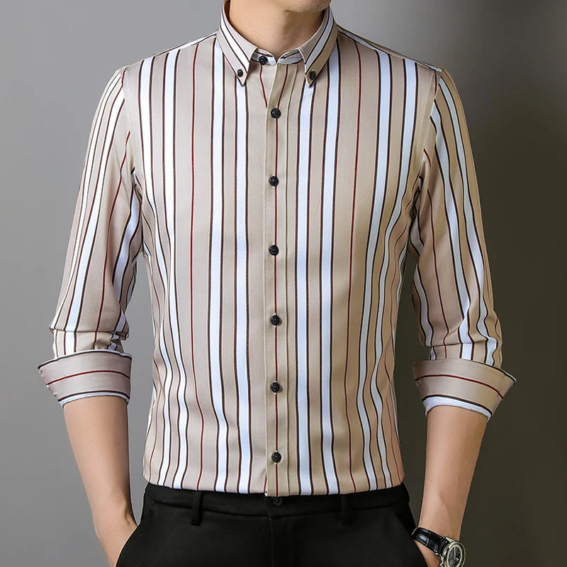 Men Spring Summer Comfortable Vertical Striped Strech Mens Dress Shirts Long Sleeve Soft Business Work Shirt  No Pocket Male