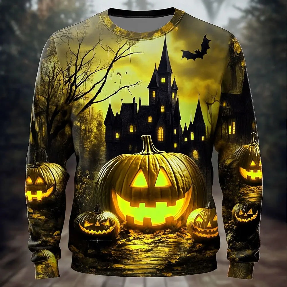 Halloween Theme Pumpkin Cemetery Men's Casual Hoodie Sweatshirt Fall Winter Crew Neck Pullover Long Sleeve Trendy y2k Streetwear