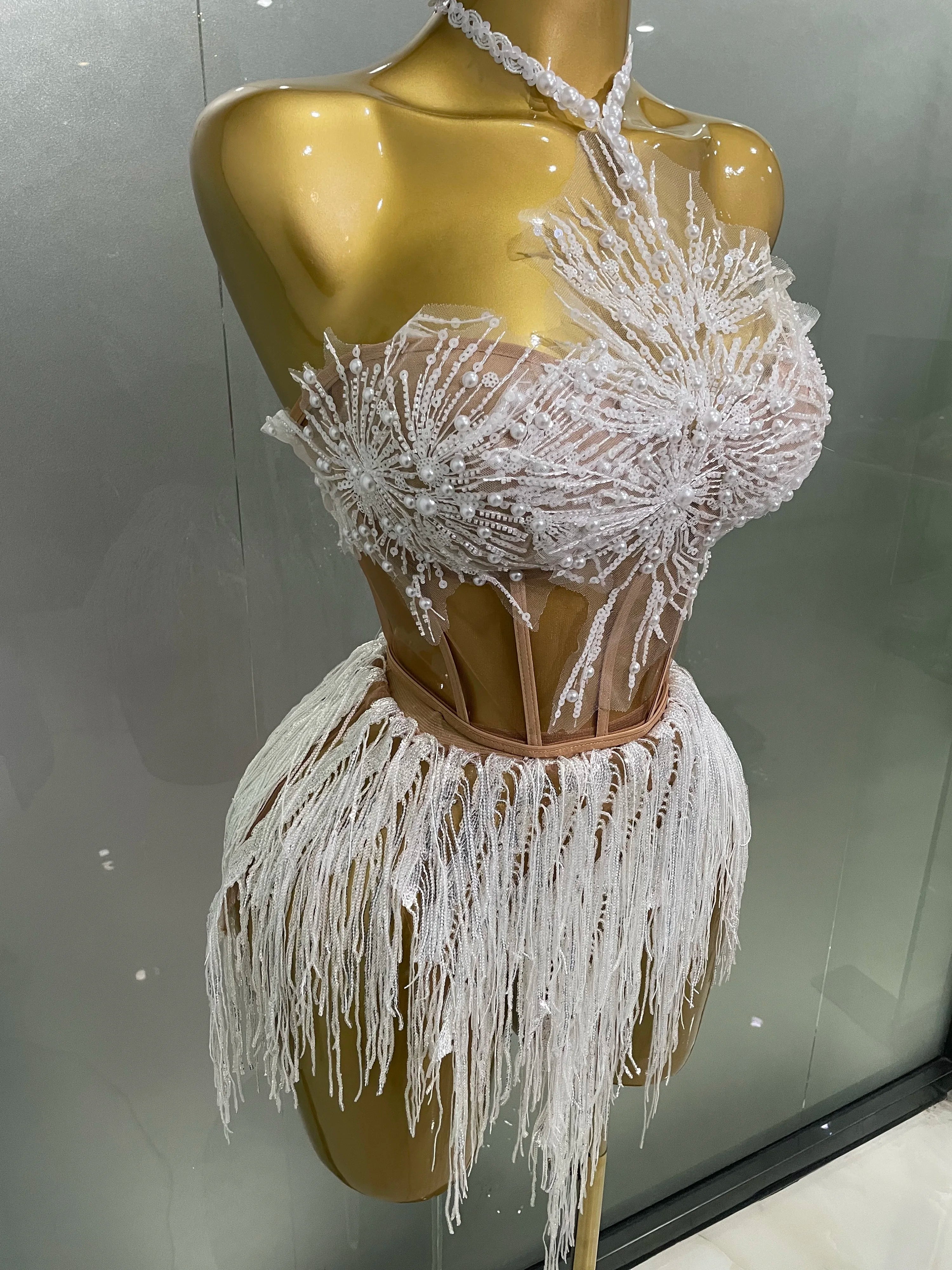 2025 Sexy Pearl Sequins Tassel Sleeveless Glitter Mini Dress Women Singer Bar Nightclub Stage Performance Clothing Show Outfit