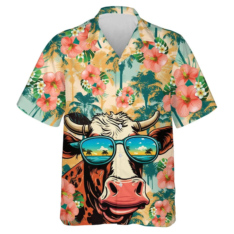 Funny Cool Cow Shirts Men's Clothing Lapel Button Shirt Hawaiian 3D Printed Casual Fashion Personality Pattern Trendy Blouse