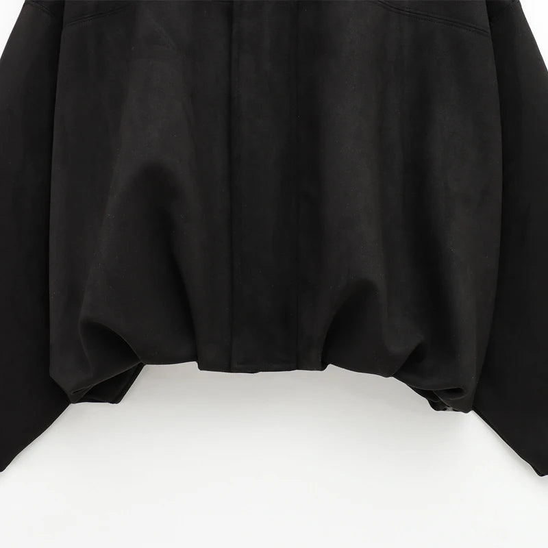 HXAO Women's Bomber Jacket Lapel Long Sleeve Zipper Suede Jacket Women 2025 High Street Cropped Racing Jackets Coats Outerwears