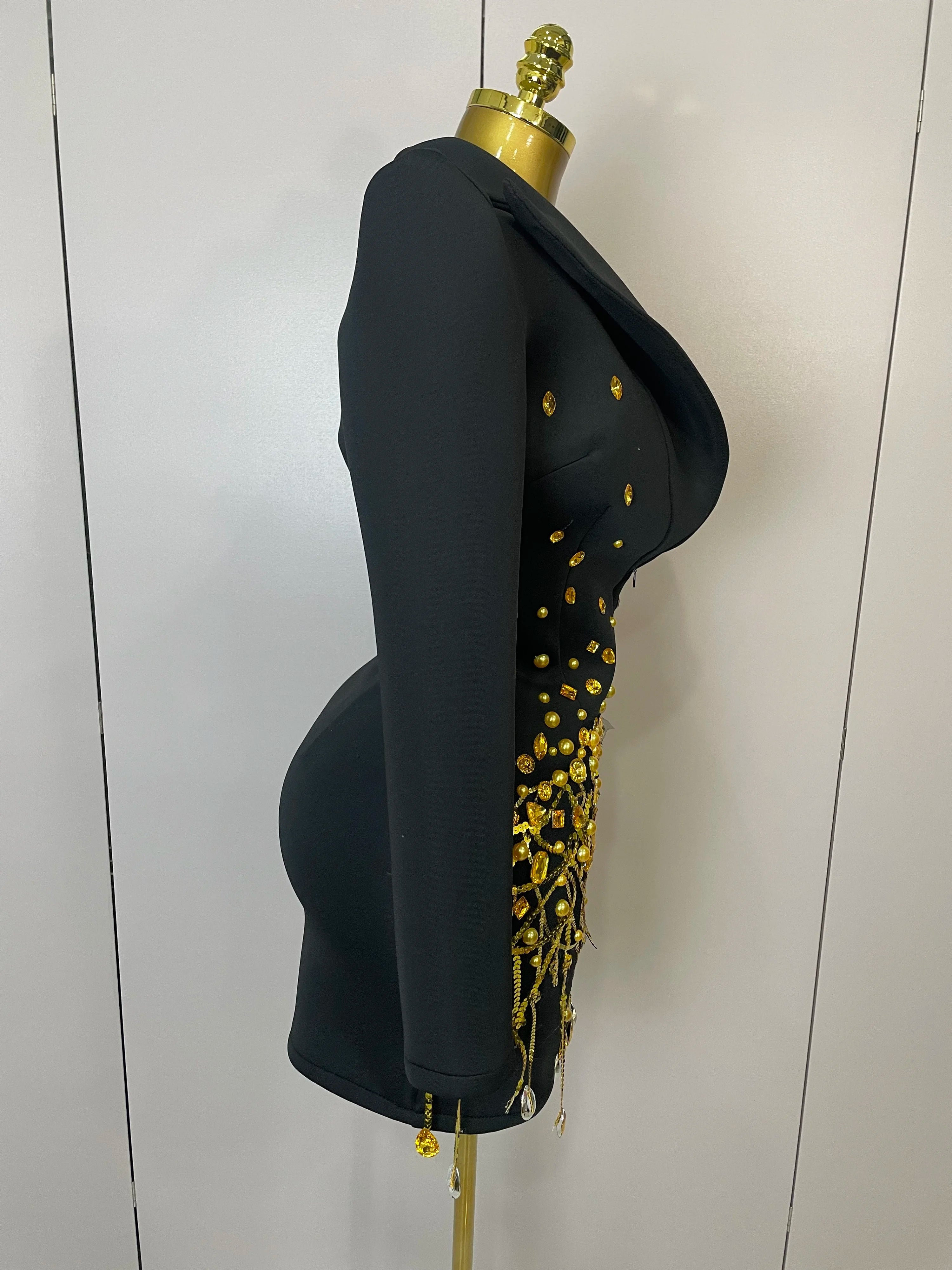 Sparkly Crystal Chains Pearls Long Sleeve Mini Dress 2025 Women Birthday Evening Party Nightclub Outfit Singer Wedding Costume