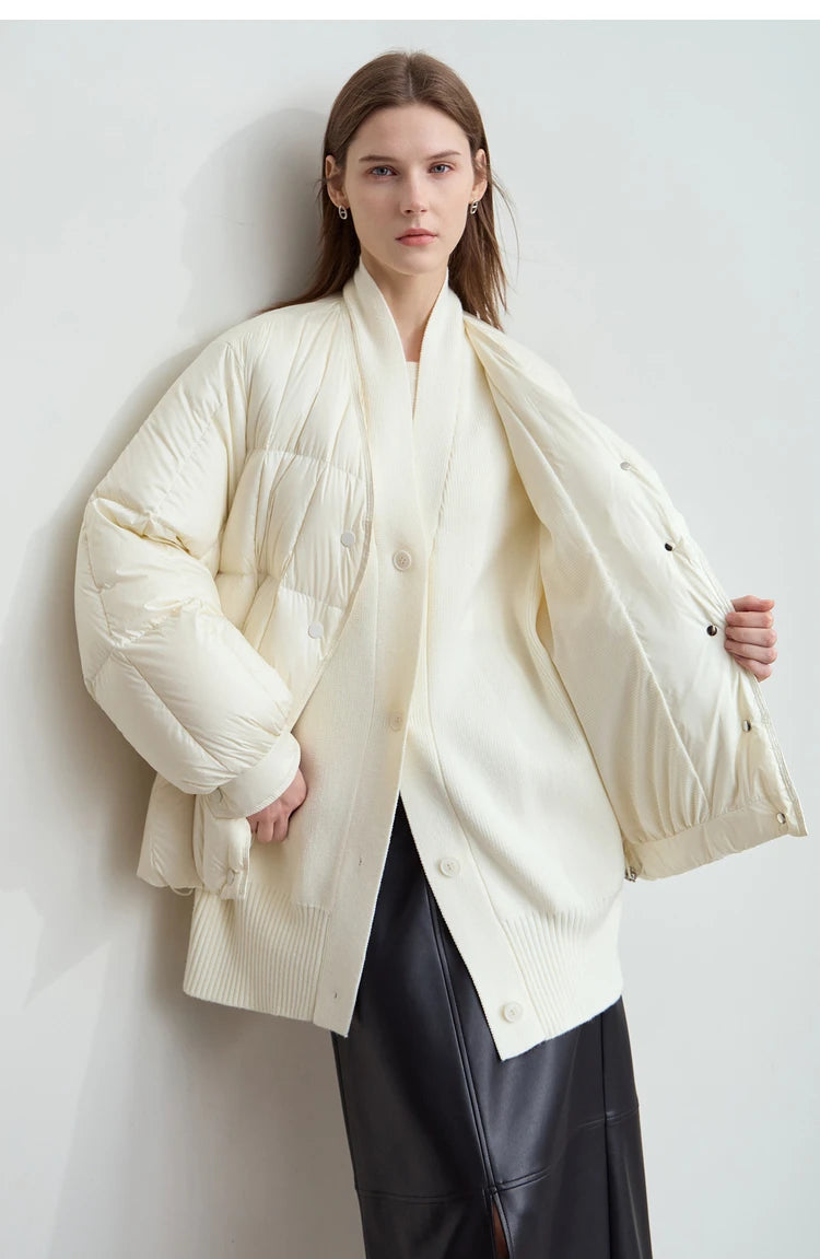 AMII 2024 Winter New Women's Shoulder Sleeves Thickened Collision Material Splicing Wool Fake Two-piece Down Jacket 12444054