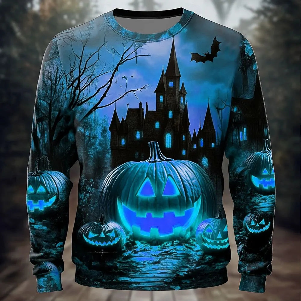 Halloween Theme Pumpkin Cemetery Men's Casual Hoodie Sweatshirt Fall Winter Crew Neck Pullover Long Sleeve Trendy y2k Streetwear