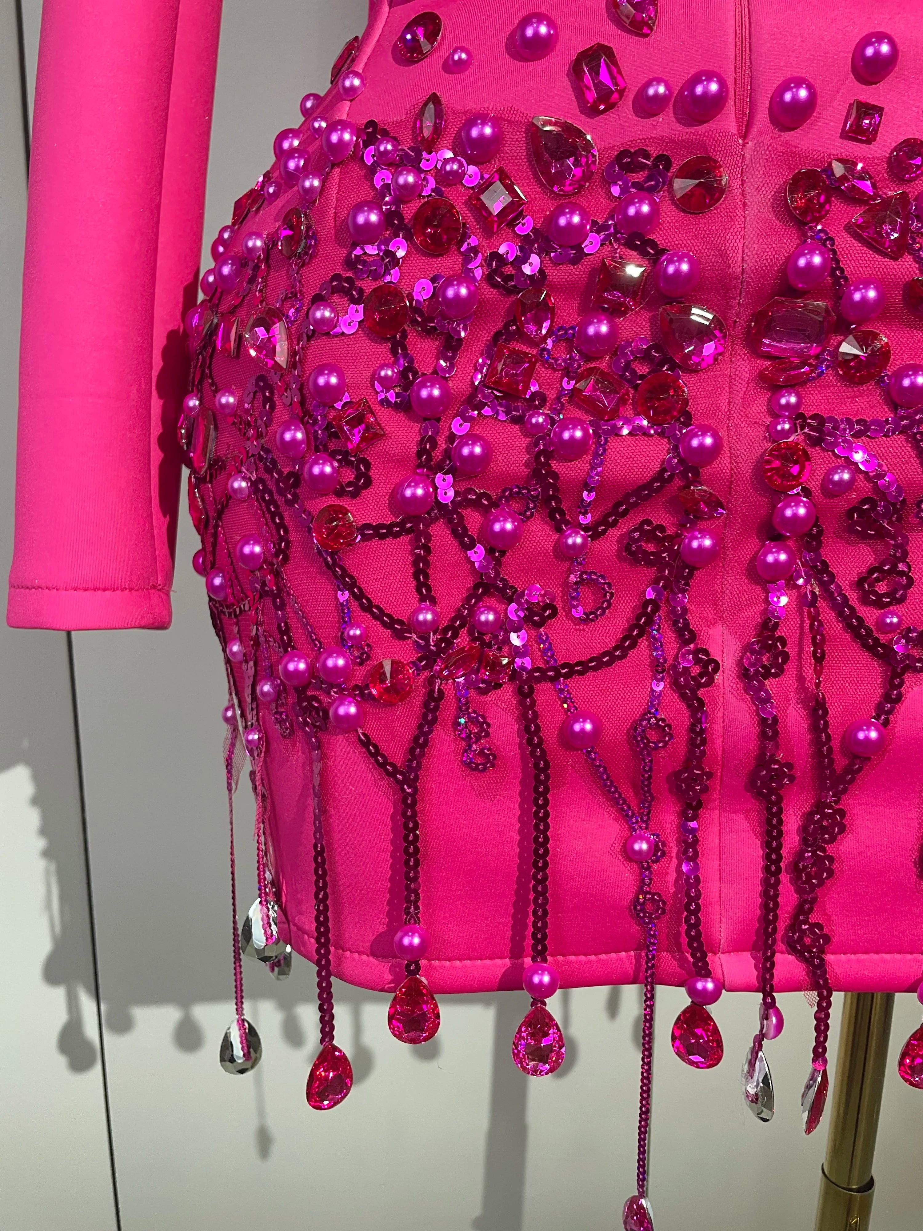 Sparkly Crystal Chains Pearls Long Sleeve Mini Dress 2025 Women Birthday Evening Party Nightclub Outfit Singer Wedding Costume