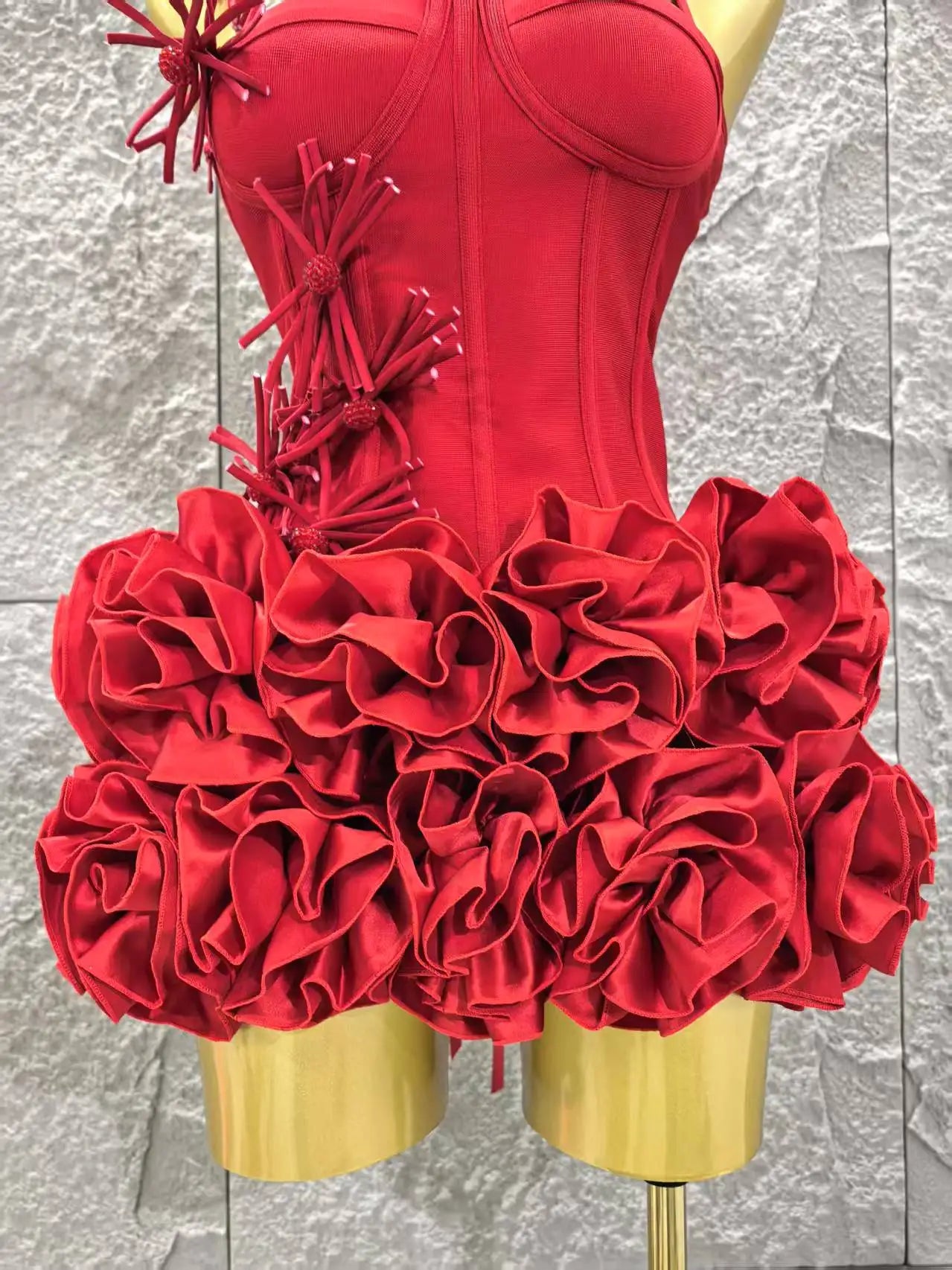 Red Color Women Sexy Halter Full Florals 2 Pieces Bodycon Mini Bandage Dress Celebrate Nightclub Party Birthday Dress