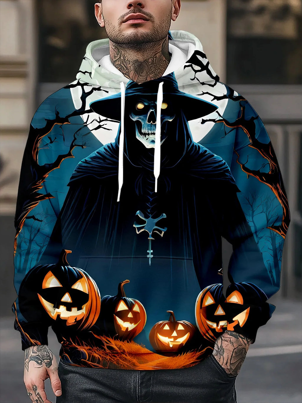 Halloween Theme Men's Sweatshirt | Ghost Face Print Long Sleeve Hoodie | Fashion Versatile Drawstring Hooded Fall Jacket