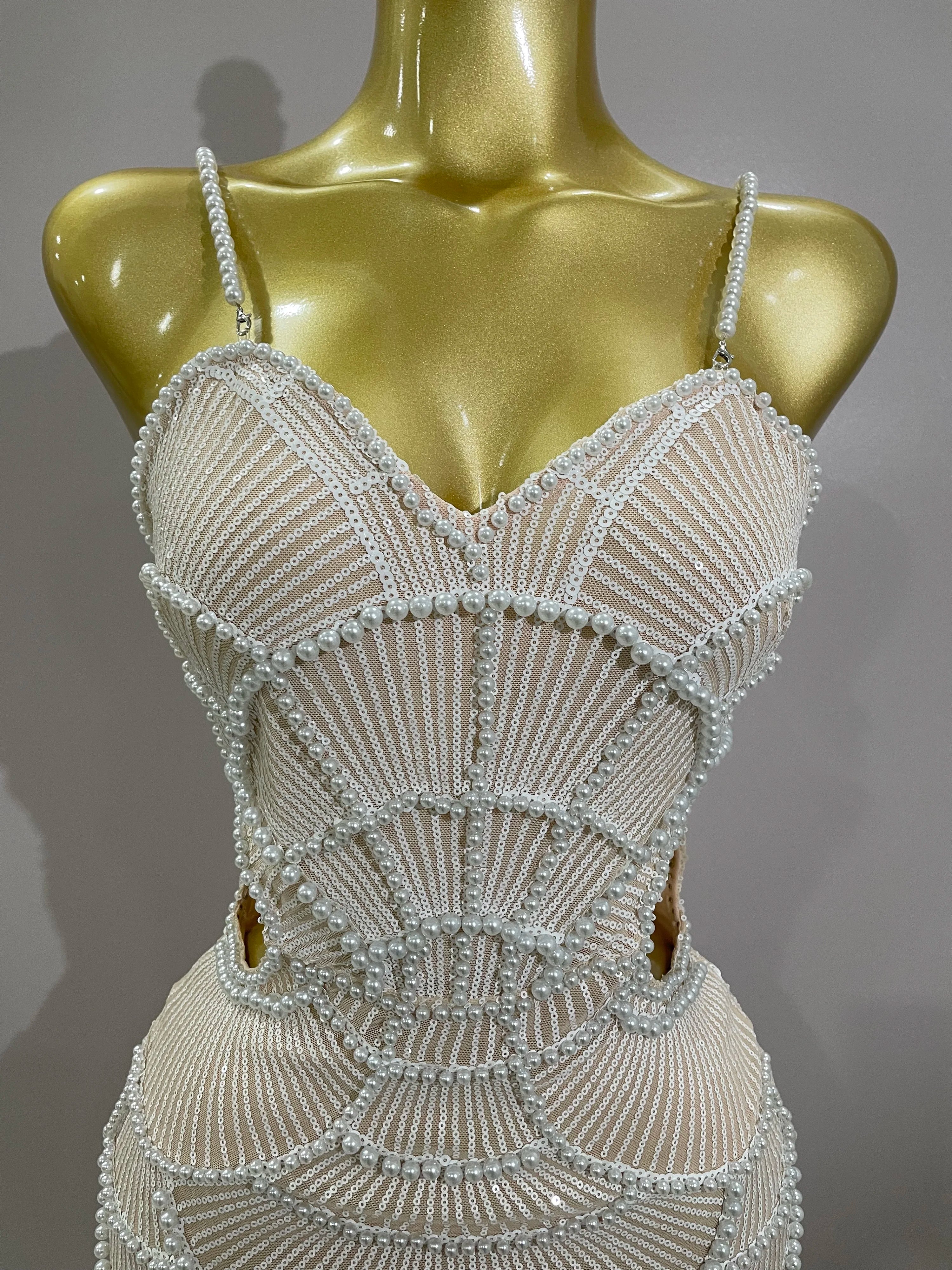 Women Hot Sale Sleeveless Sexy Strap Pearl Beading Sequins Bodycon Long Dress Celebrate Evening Party Birthday Outfit Vestido