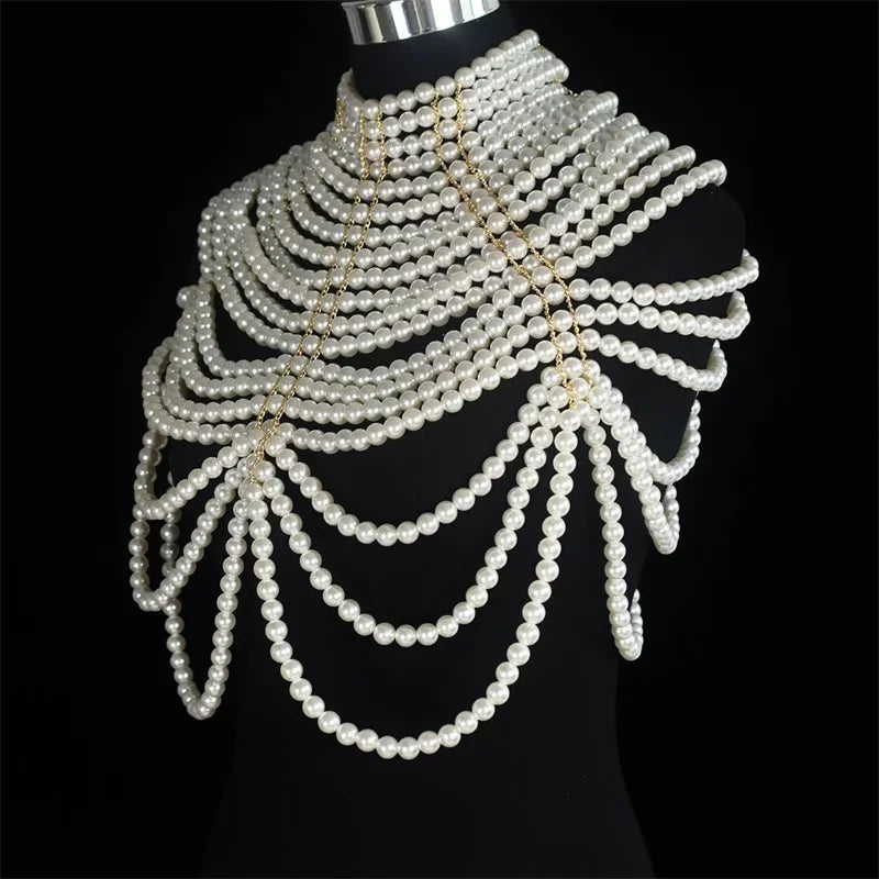 Sexy Women's Pearl Body Chains Bra Shawl Fashion Adjustable Size Shoulder Necklaces Tops Chain Wedding Dress Pearls Body Jewelry