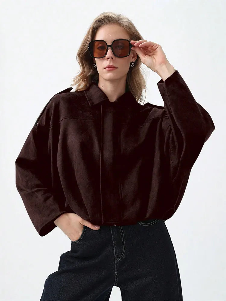 HH Women Vintage Coffee Brown Suede Coat Loose Casual Long Sleeve Zipper Jacket Autumn Fashion Lady High Street Outerwear