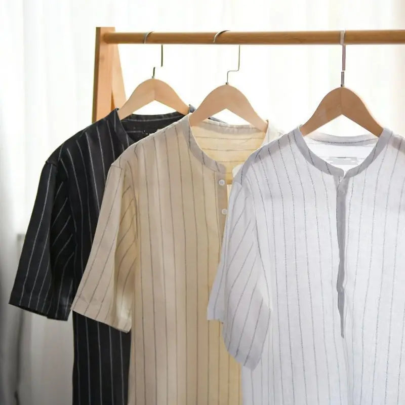 Fashionable Men's Tops Loose and Versatile Striped Stand Collar Short-sleeved Shirt for Men's Summer Fresh Breathable Pullover