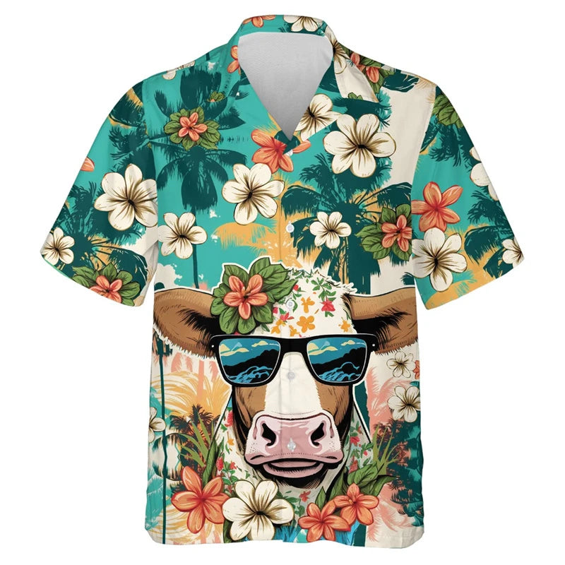 Funny Cool Cow Shirts Men's Clothing Lapel Button Shirt Hawaiian 3D Printed Casual Fashion Personality Pattern Trendy Blouse