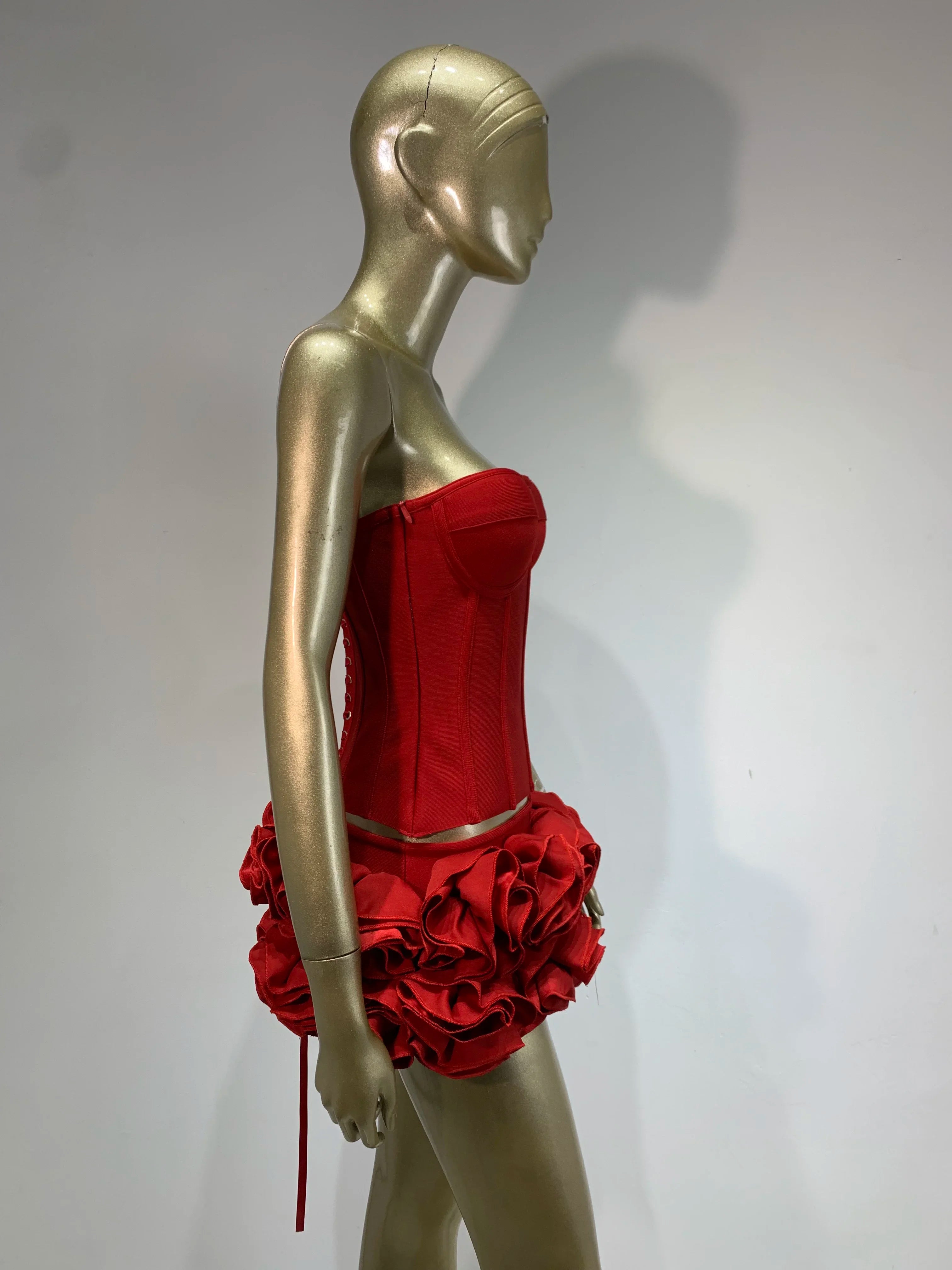 Women Red Bodycon Mini Bandage Outfits Club Party Strapless Laced Up Back Tops And Mini Short Skirts Two Piece Sets Nightwears