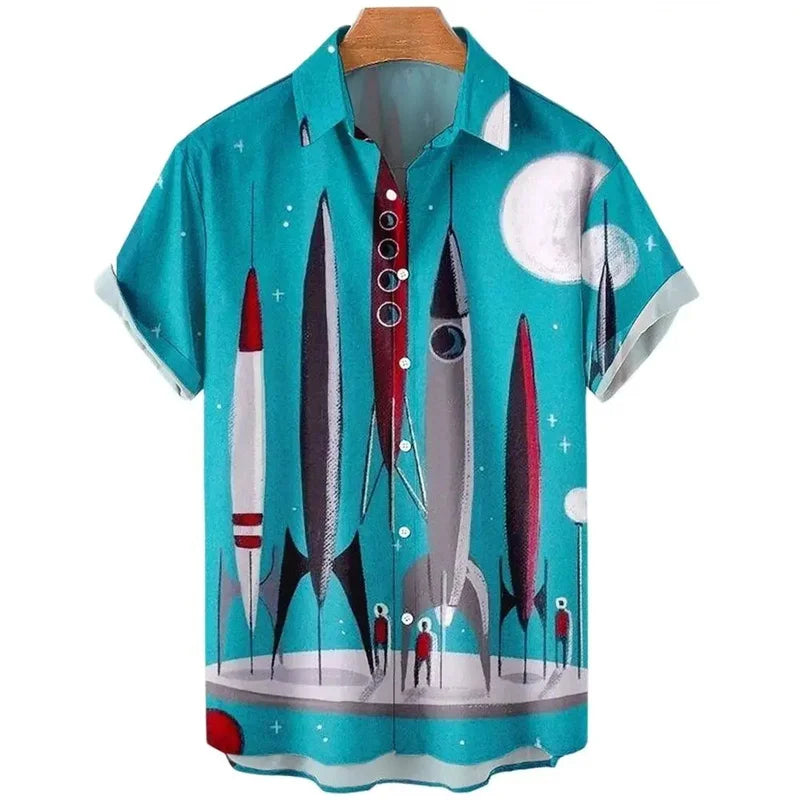 3D Printed Rocket Hawaiian Shirt For Men Cartoon Pattern Blouse Summer Casual Street Aloha Shirts Loose Short Sleeves Button Top