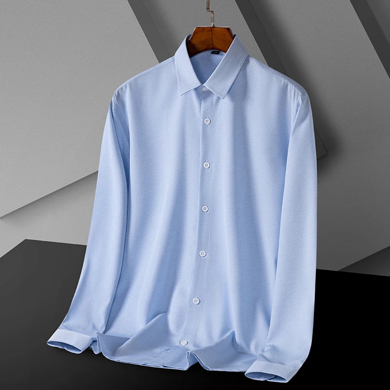 Men Spring Summer Comfortable Vertical Striped Strech Mens Dress Shirts Long Sleeve Soft Business Work Shirt  No Pocket Male