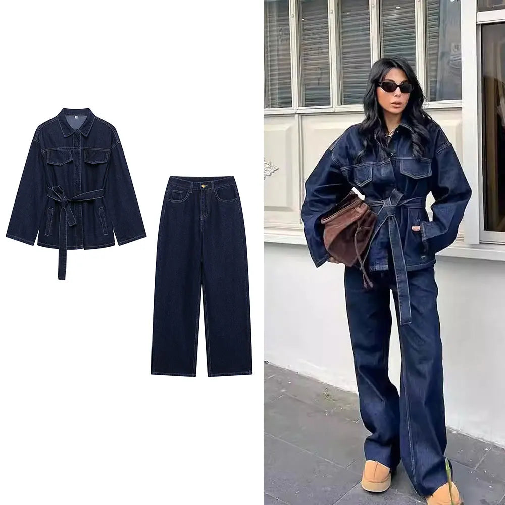 DUOPERI Women Fashion 2 Pieces Sets With Belt Denim  Jackets & Vintage Front Zipper Jeans Trousers Feamle Chic Lady Pants Sets
