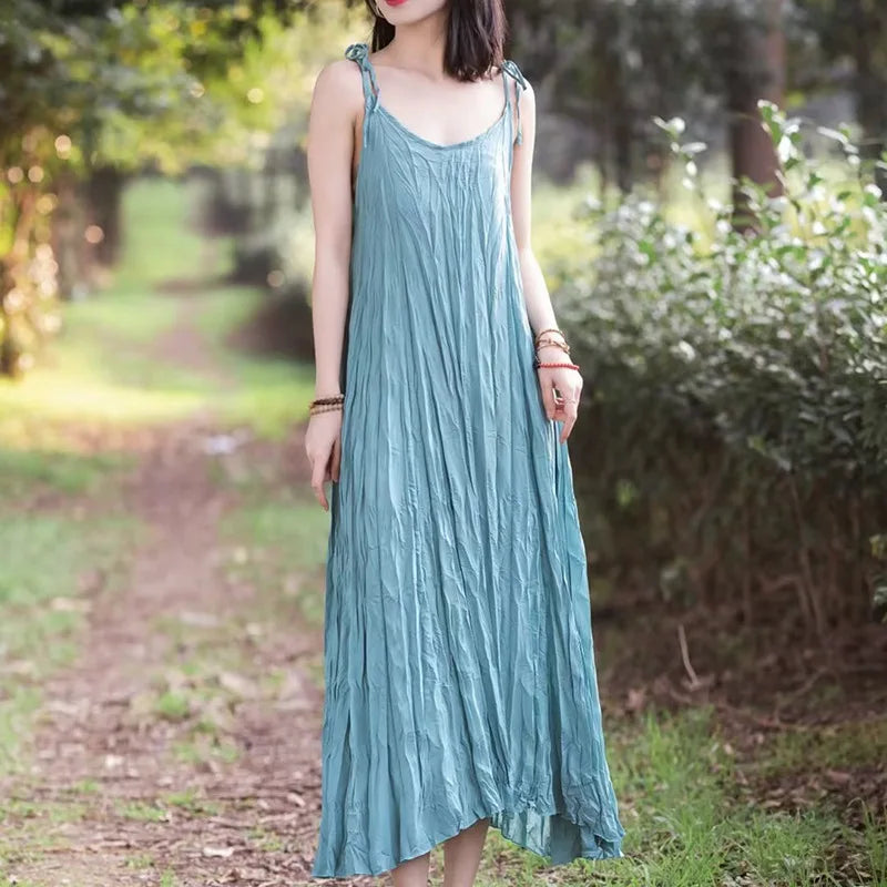 UMI MAO Small Niche Design With Irregular Pleats V-neck Camisole Dress Summer Slimming Effect Hanging Large Swing Long Skirt