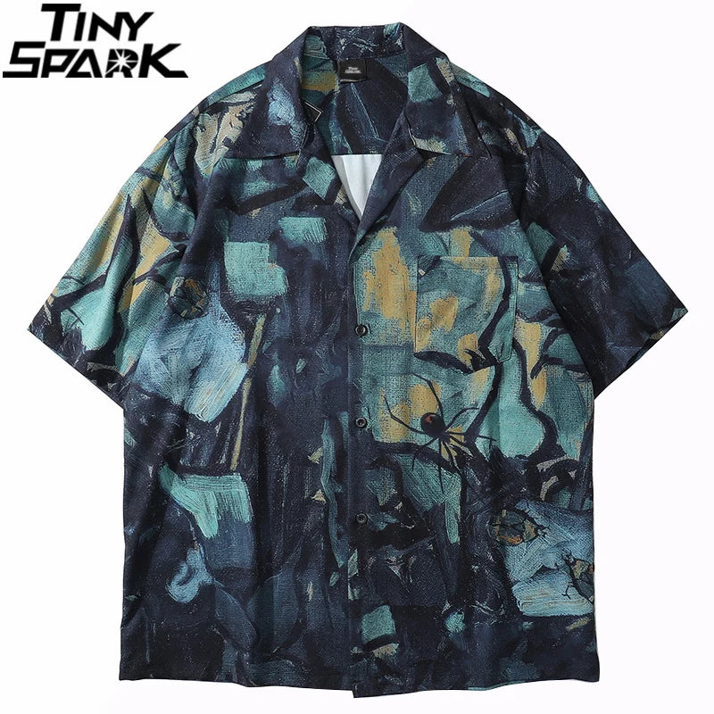 2025 Men Harajuku Hawaiian Shirt Hip Hop Streetwear Butterfly Painting Print Beach Shirt Summer Short Sleeve Aloha Shirt Casual