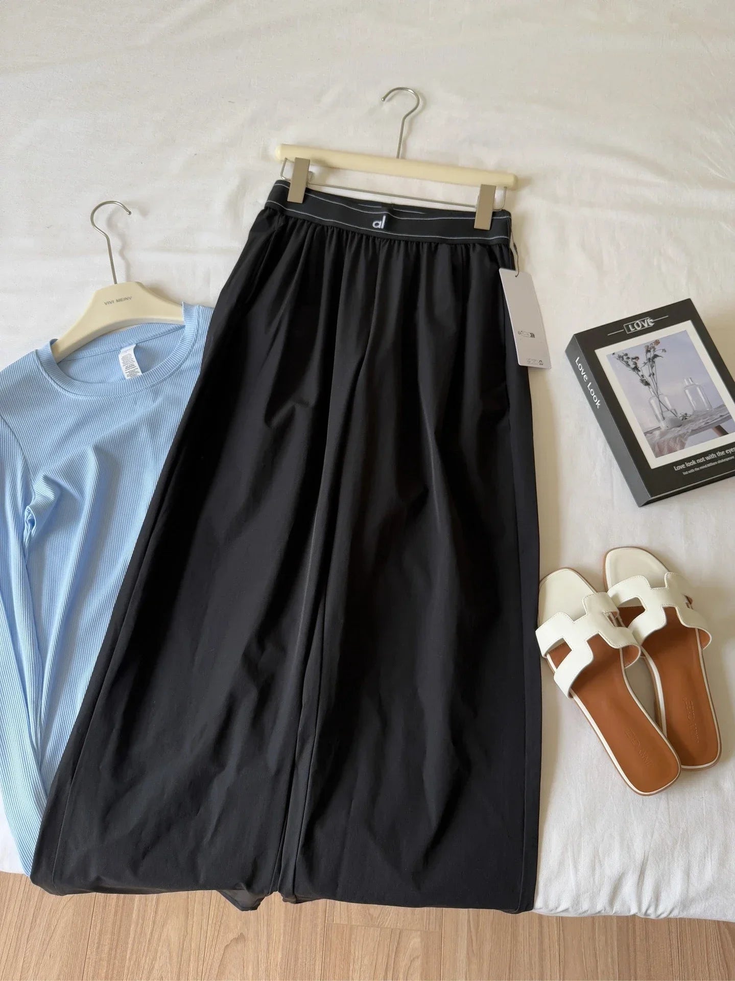 Elastic Waist Solid Fitness Joggers Trousers Women Yoga Sports Wide Leg Pants Women Thin Casual Loose Navy Blue Baggy Sweatpants