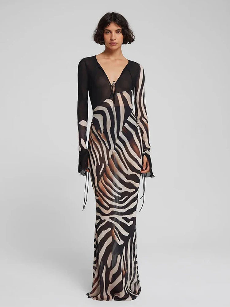 Cutenew Patchwork Print Women Dresses Elegant Vintage Low V-Neck Full Sleeve Straight Maxi Bodycon Female High Street Party Robe