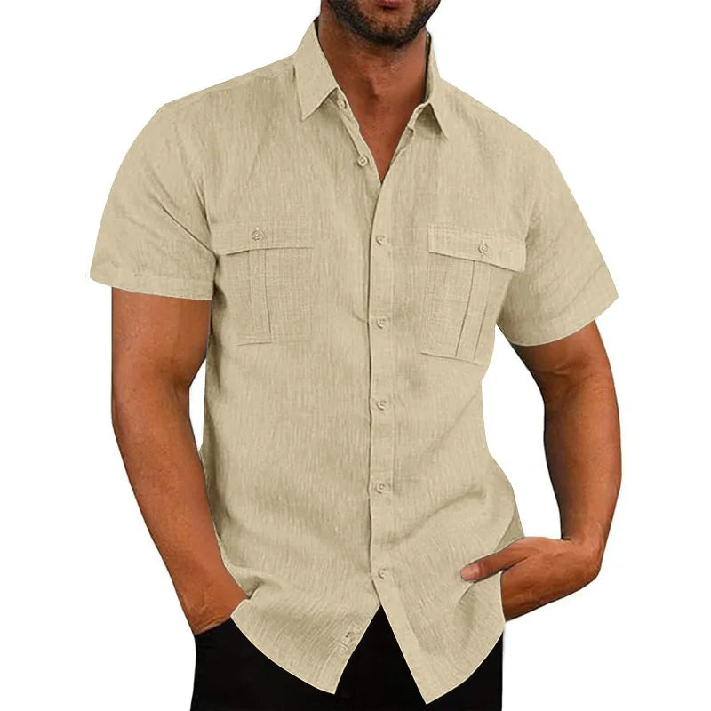 Men's Cotton Linen Short-Sleeved Shirt Summer Solid Color Stand-Up Collar Casual Beach Style plus Size S-5XL