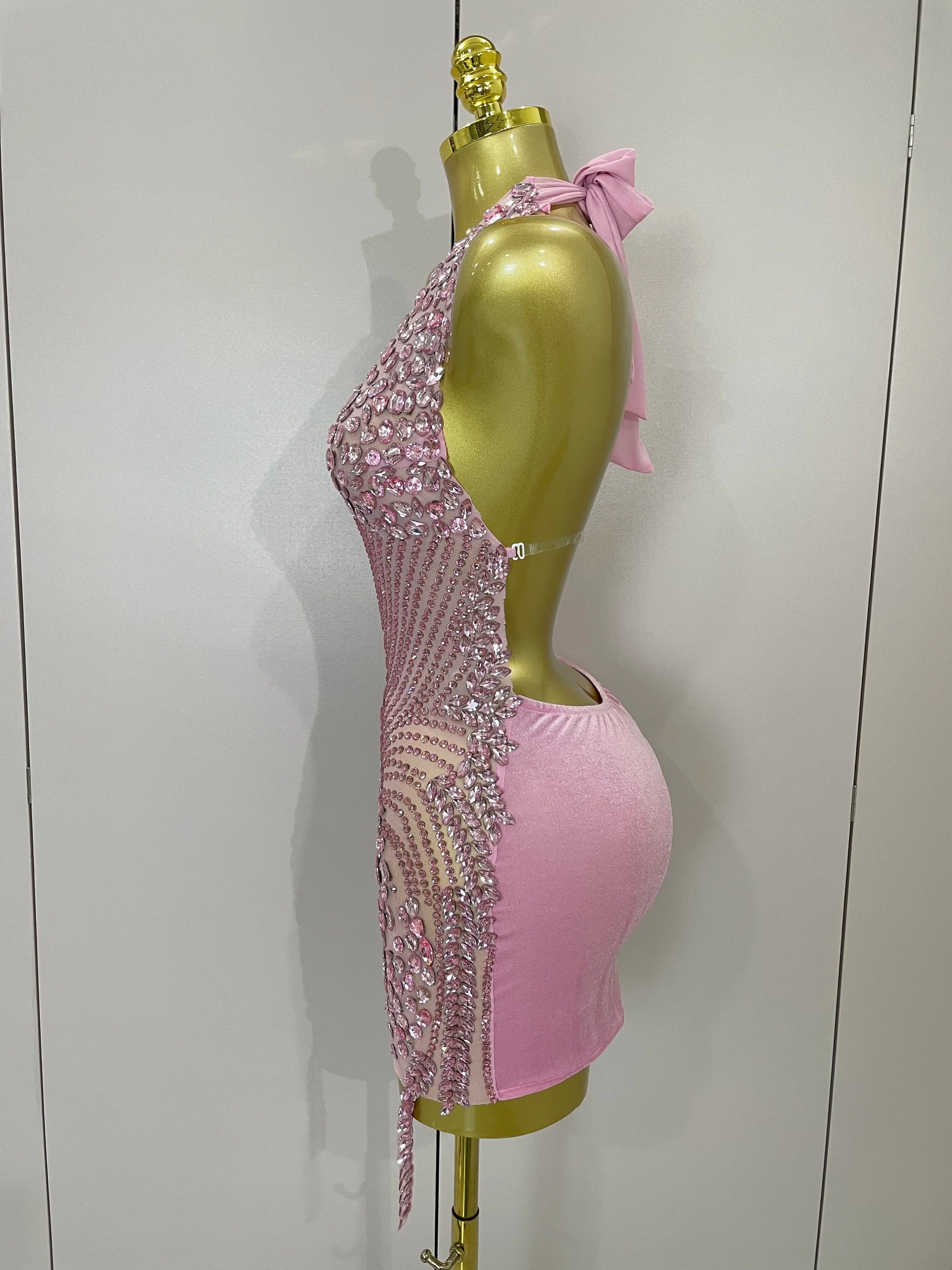 2025 New Sexy Sparkly Rhinestones Halter Backless Mesh Velour Short Dress Women Evening Prom Celebrate Birthday Party Stage Wear