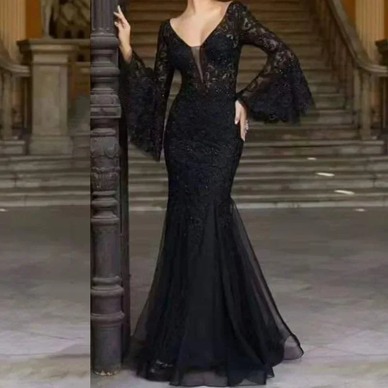 New 2025 Women's Sexy V Neck Long Flare Sleeve Wedding Party Dresses  Female Evening Elegant Night Club Prom Long Maxi Dresses