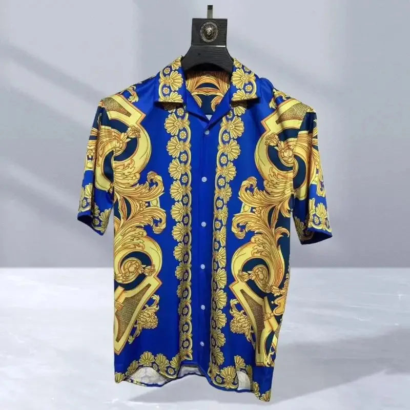 2025 men's high-quality short sleeved shirt with luxurious golden Baroque string print, Cuban collar shirt, suitable for street