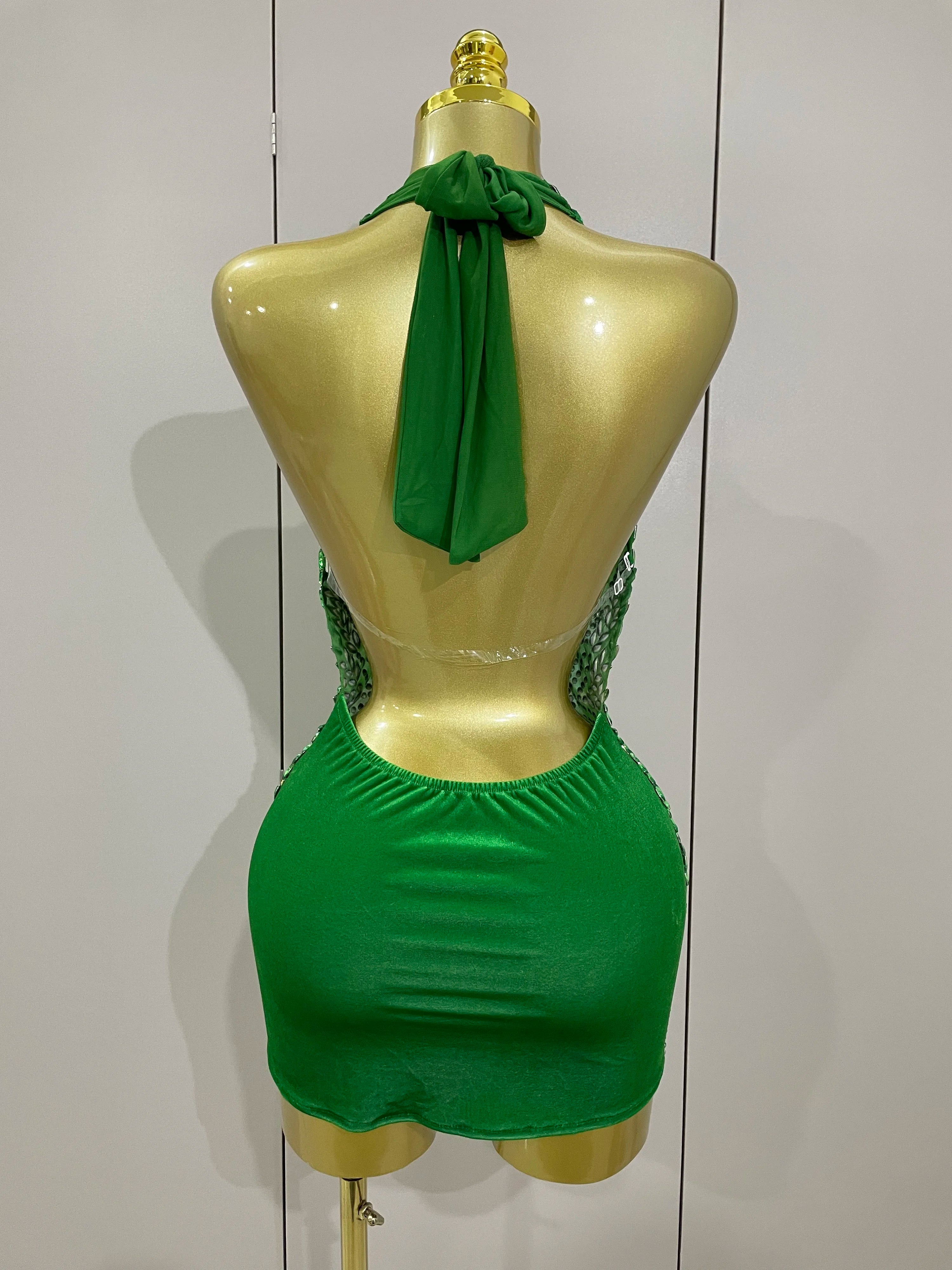 2025 New Sexy Sparkly Rhinestones Halter Backless Mesh Velour Short Dress Women Evening Prom Celebrate Birthday Party Stage Wear