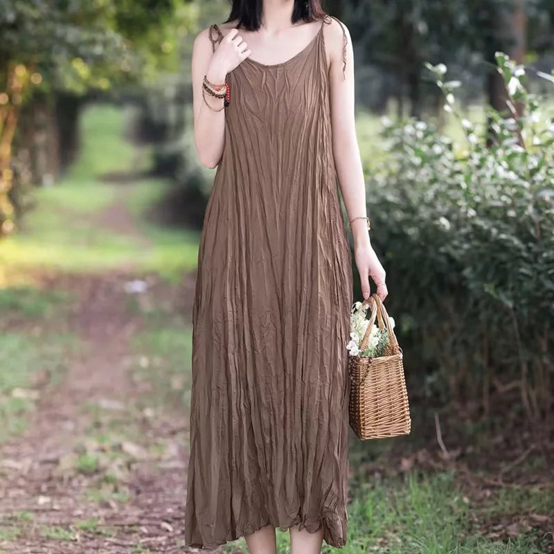 UMI MAO Small Niche Design With Irregular Pleats V-neck Camisole Dress Summer Slimming Effect Hanging Large Swing Long Skirt