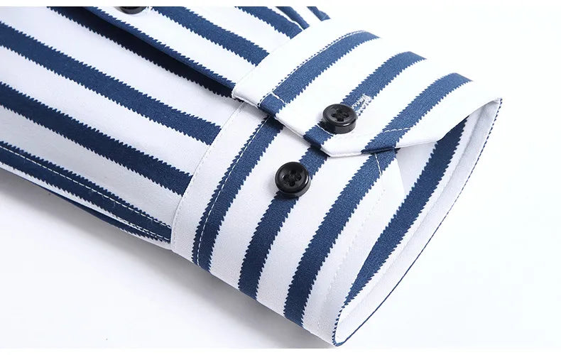 Men Spring Summer Comfortable Vertical Striped Strech Mens Dress Shirts Long Sleeve Soft Business Work Shirt  No Pocket Male