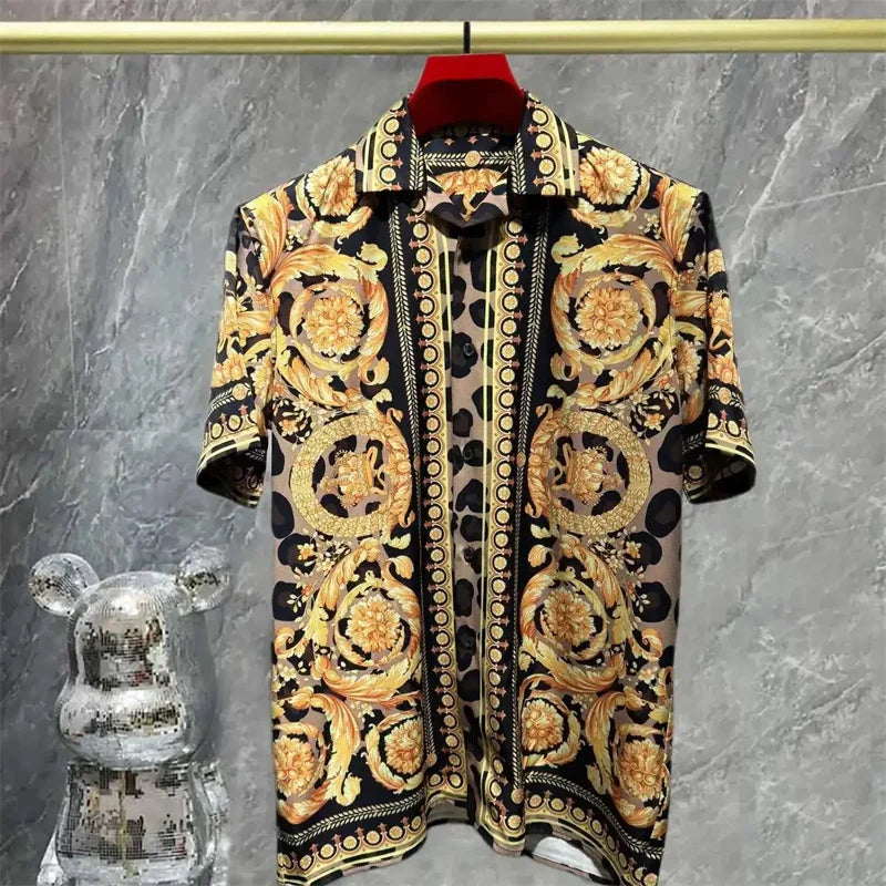 2025 men's high-quality short sleeved shirt with luxurious golden Baroque string print, Cuban collar shirt, suitable for street