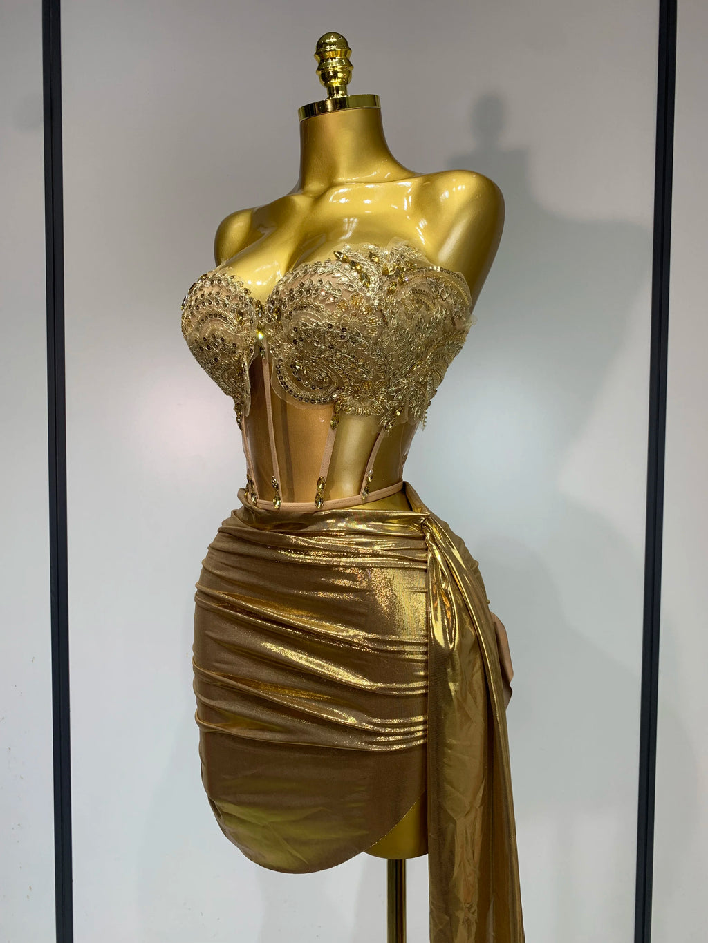 Women Sexy Strapless Sequins Rhinestone Gold Dress Glitter Top Two Pieces Sets Birthday Evening Party Club Singer Stage Outfit