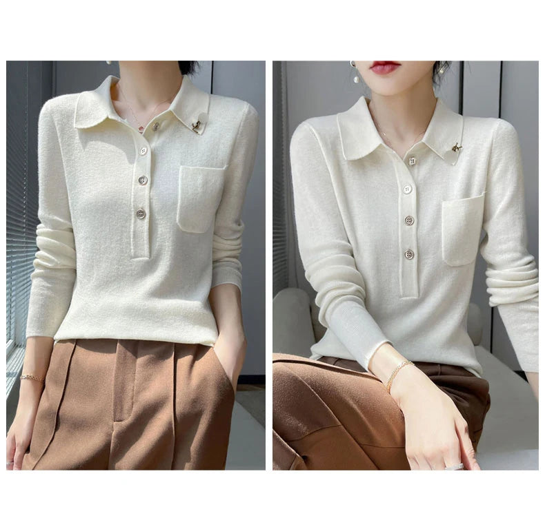 Women 100% Pure Merino Wool Soft Sweater Polo Collar Pullover Autumn Winter Casual Knit Tops Solid Color Regular Female Knitwear