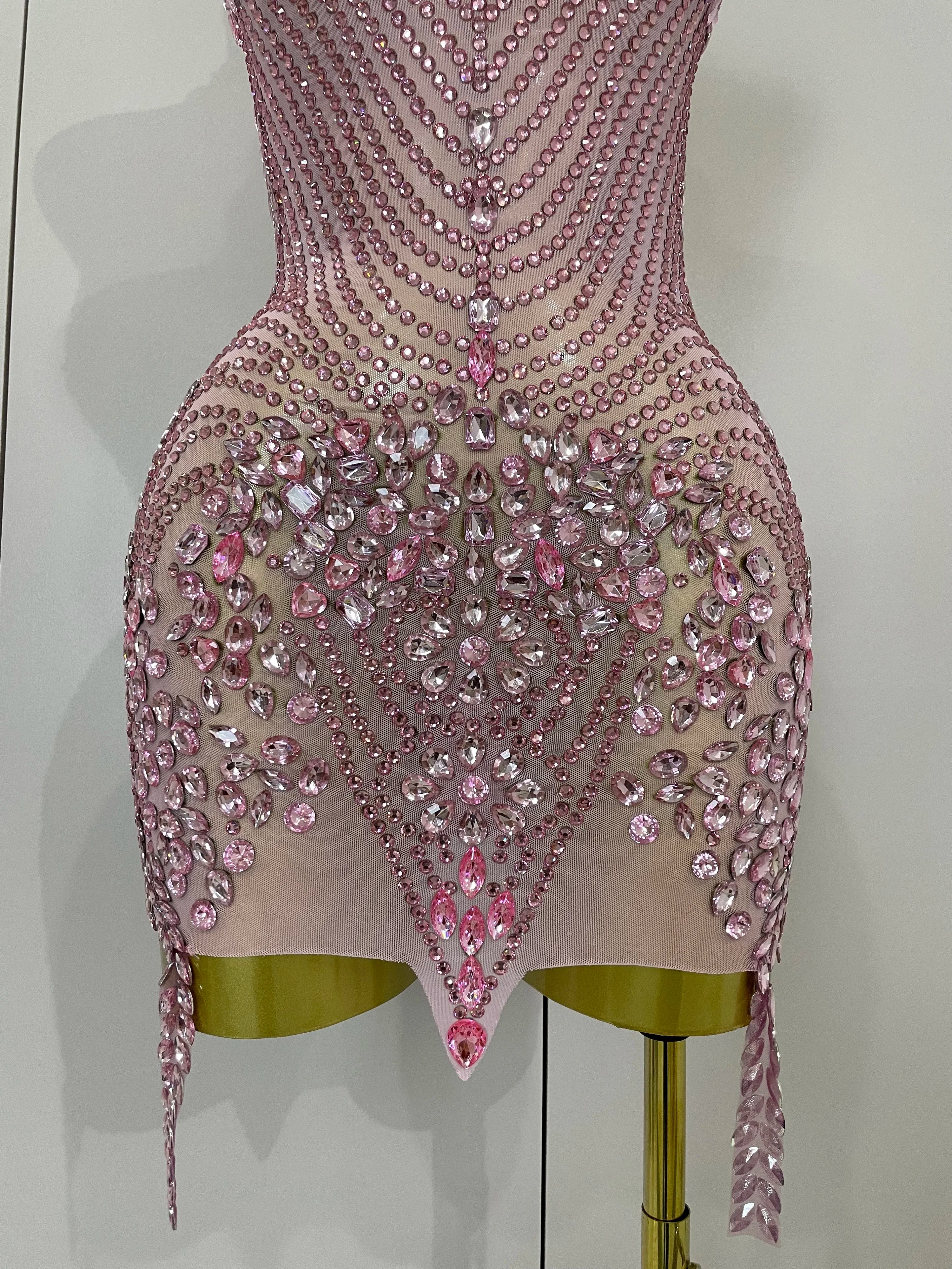 2025 New Sexy Sparkly Rhinestones Halter Backless Mesh Velour Short Dress Women Evening Prom Celebrate Birthday Party Stage Wear